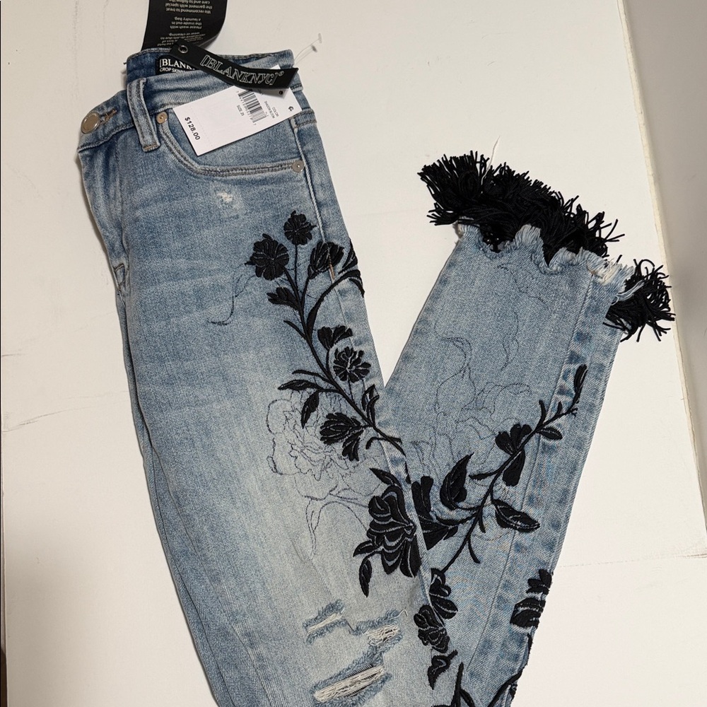 NWT Blank NYC Light Blue Jeans with Black Floral Embroidery